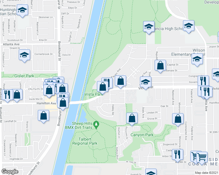 map of restaurants, bars, coffee shops, grocery stores, and more near 1124 Victoria Street in Costa Mesa