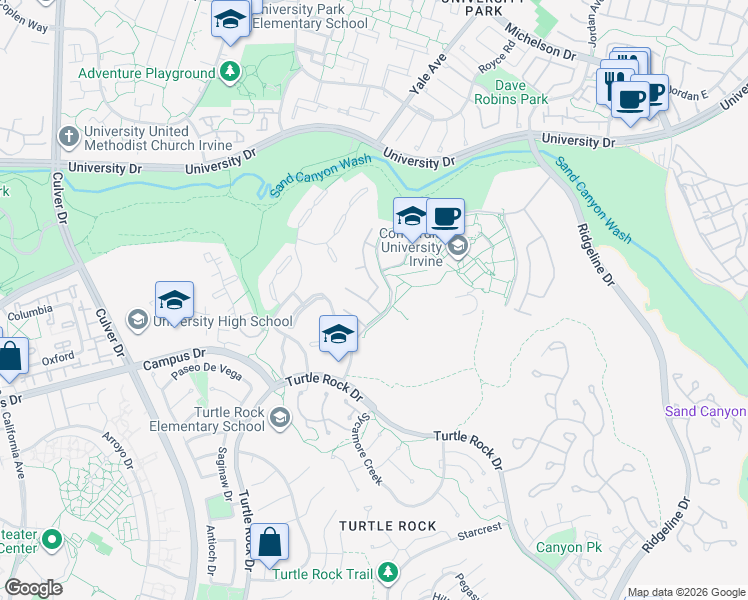 map of restaurants, bars, coffee shops, grocery stores, and more near 21 Faith in Irvine