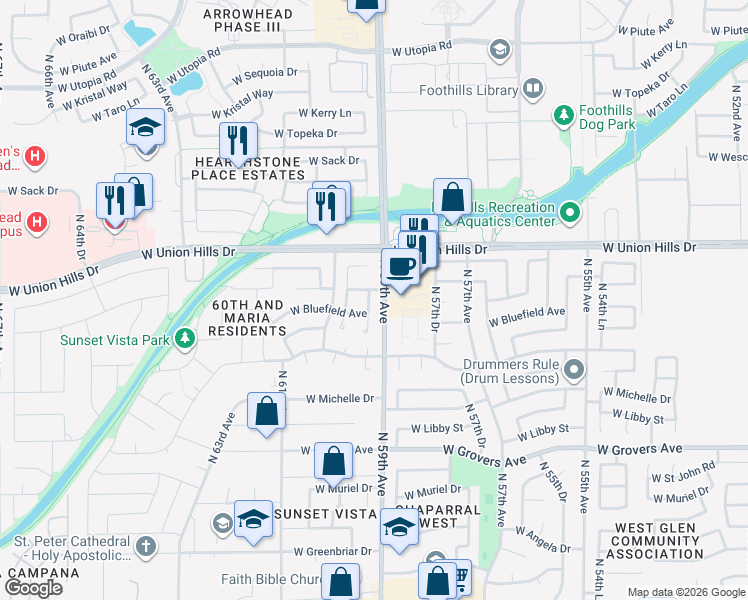 map of restaurants, bars, coffee shops, grocery stores, and more near 18387 North 59th Drive in Glendale