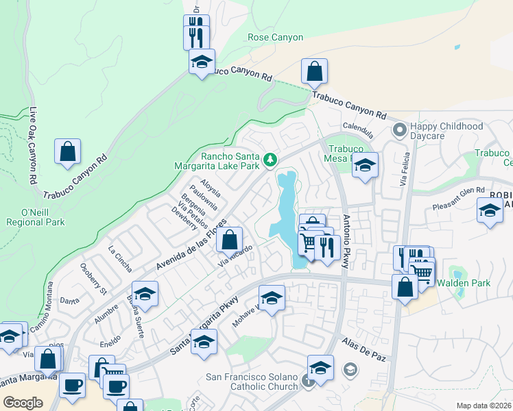 map of restaurants, bars, coffee shops, grocery stores, and more near 8 Alisma in Rancho Santa Margarita