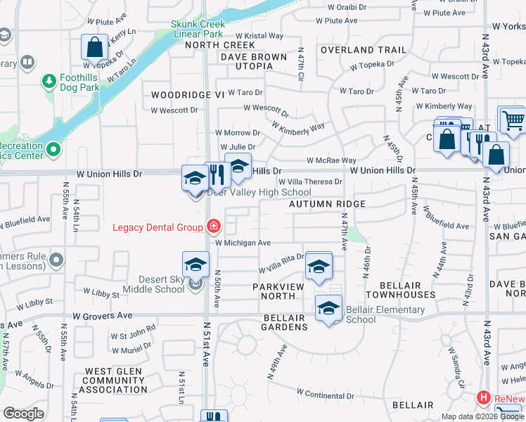 map of restaurants, bars, coffee shops, grocery stores, and more near 4918 West Bluefield Avenue in Glendale