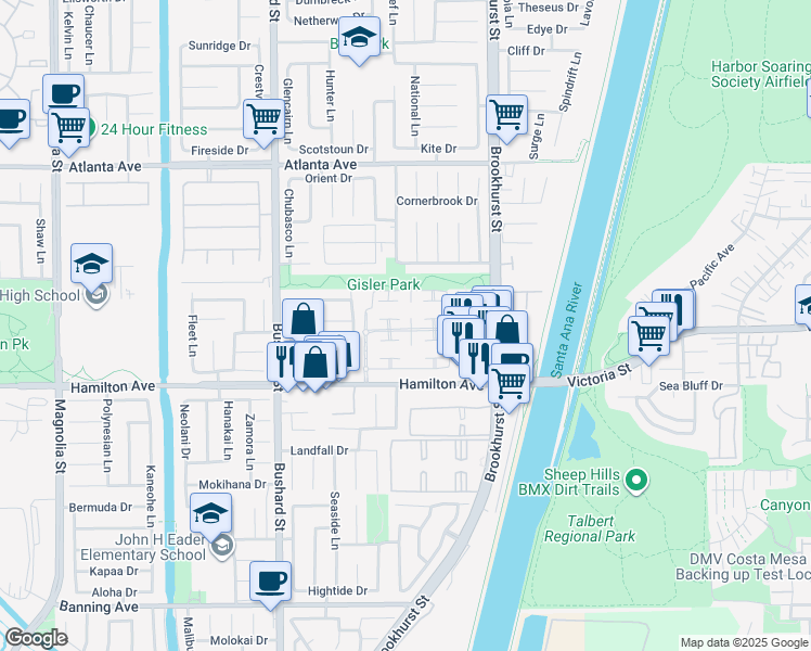 map of restaurants, bars, coffee shops, grocery stores, and more near 21351 Bay Crest Circle in Huntington Beach