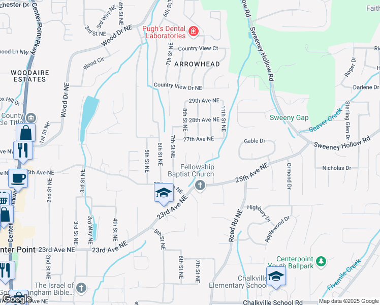 map of restaurants, bars, coffee shops, grocery stores, and more near 5111 Cantebury Court in Center Point