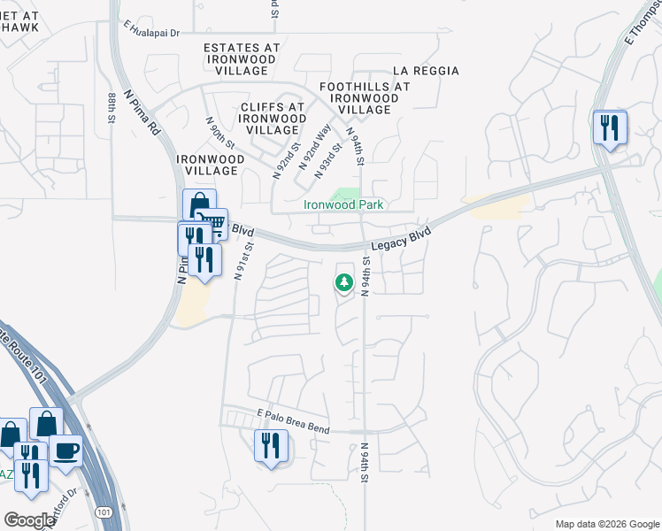 map of restaurants, bars, coffee shops, grocery stores, and more near 18388 North 93rd Place in Scottsdale
