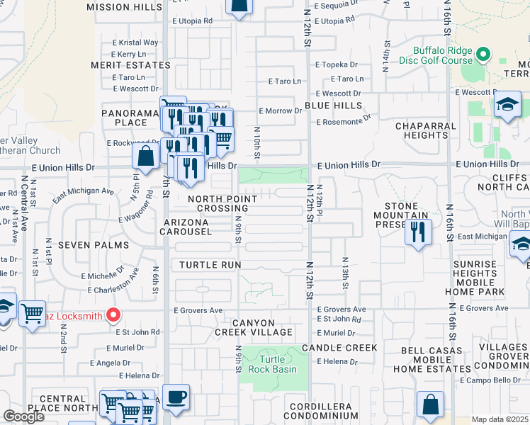 map of restaurants, bars, coffee shops, grocery stores, and more near 1018 East Bluefield Avenue in Phoenix