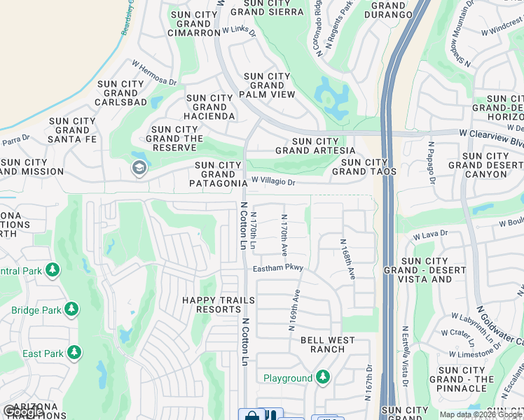 map of restaurants, bars, coffee shops, grocery stores, and more near 17027 West Northampton Road in Surprise