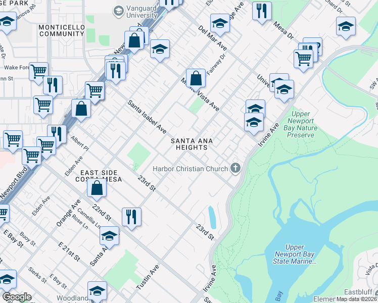map of restaurants, bars, coffee shops, grocery stores, and more near in Costa Mesa