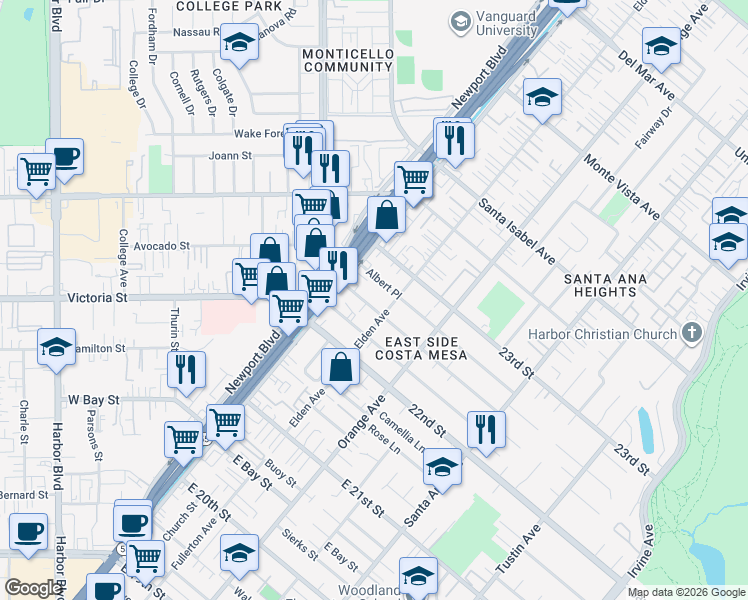 map of restaurants, bars, coffee shops, grocery stores, and more near 121 Cecil Place in Costa Mesa