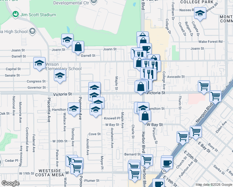 map of restaurants, bars, coffee shops, grocery stores, and more near 575 Avery Lane in Costa Mesa