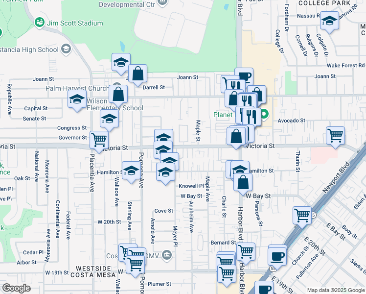 map of restaurants, bars, coffee shops, grocery stores, and more near in Costa Mesa