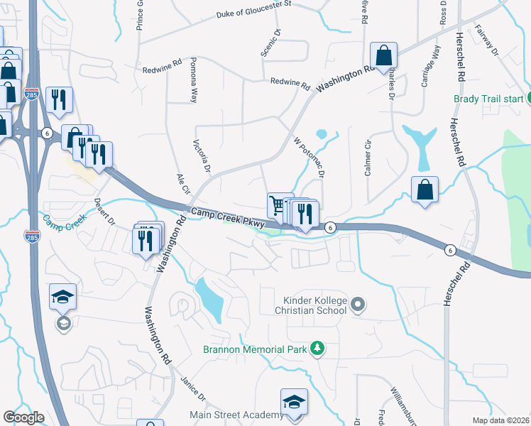 map of restaurants, bars, coffee shops, grocery stores, and more near 2888 Revere Court in East Point
