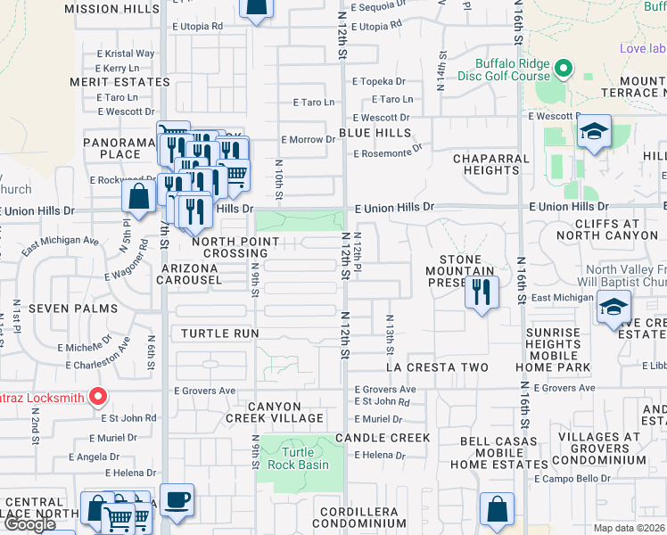 map of restaurants, bars, coffee shops, grocery stores, and more near 1118 East Bluefield Avenue in Phoenix