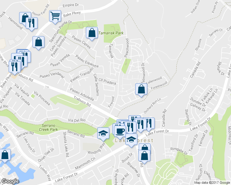 map of restaurants, bars, coffee shops, grocery stores, and more near 25262 Birch Grove Lane in Lake Forest