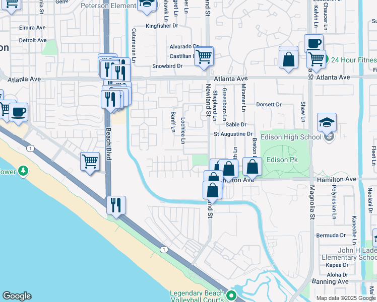 map of restaurants, bars, coffee shops, grocery stores, and more near 8381 Lomond Drive in Huntington Beach