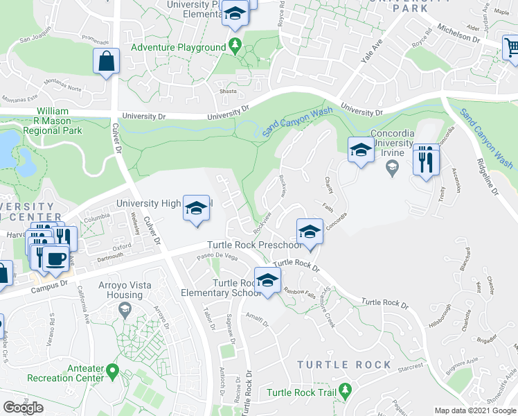map of restaurants, bars, coffee shops, grocery stores, and more near 5 Misty Meadow in Irvine