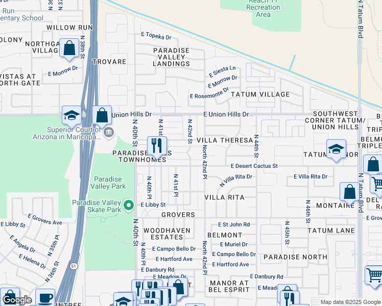 map of restaurants, bars, coffee shops, grocery stores, and more near 18221 North 42nd Street in Phoenix