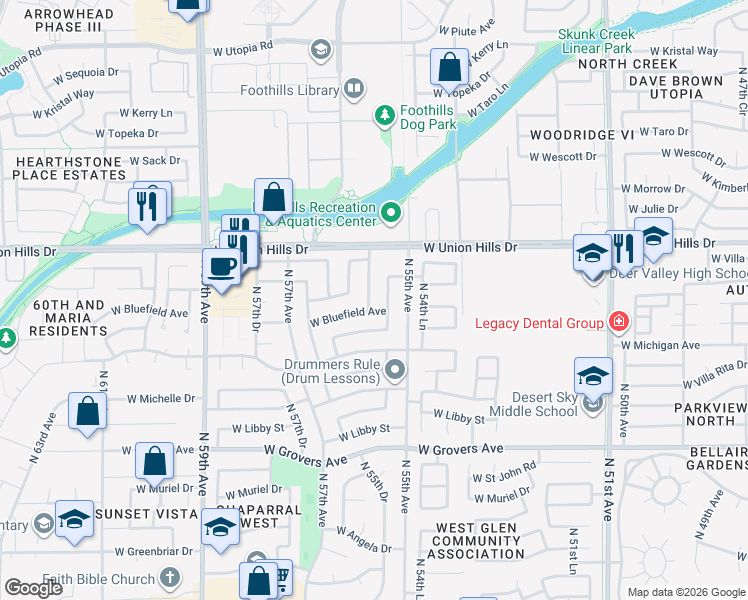 map of restaurants, bars, coffee shops, grocery stores, and more near 18407 North 55th Lane in Glendale