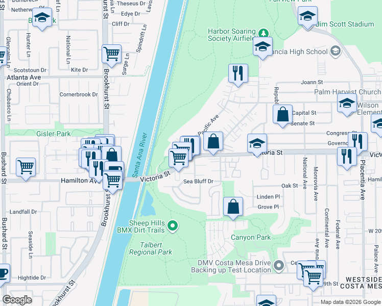 map of restaurants, bars, coffee shops, grocery stores, and more near 1132 Victoria Street in Costa Mesa