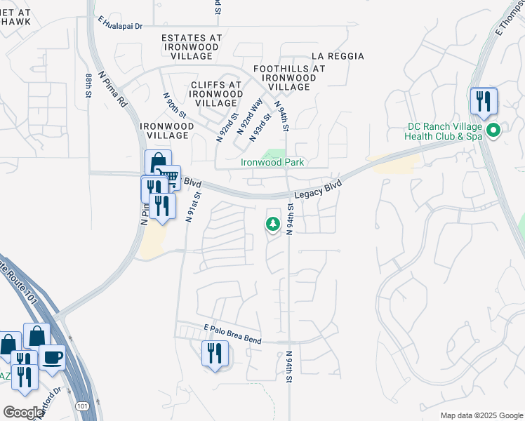 map of restaurants, bars, coffee shops, grocery stores, and more near 18388 North 93rd Place in Scottsdale