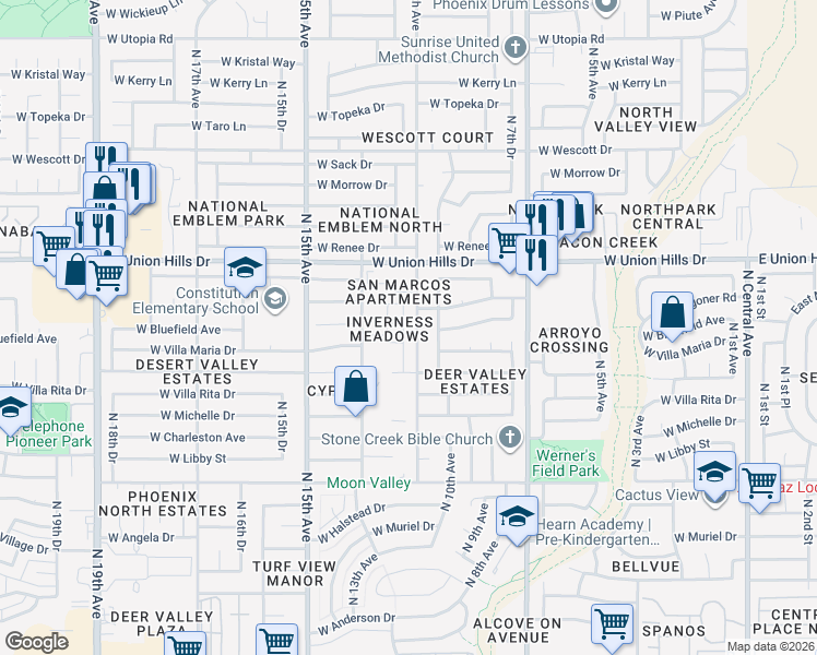 map of restaurants, bars, coffee shops, grocery stores, and more near 18243 North 11th Drive in Phoenix