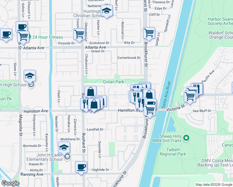 map of restaurants, bars, coffee shops, grocery stores, and more near 9735 Villa Pacific Drive in Huntington Beach