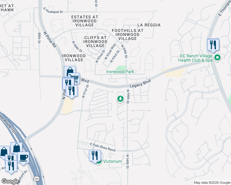 map of restaurants, bars, coffee shops, grocery stores, and more near 18388 North 93rd Place in Scottsdale