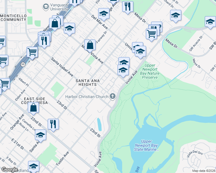 map of restaurants, bars, coffee shops, grocery stores, and more near 2448 Marseilles Way in Costa Mesa