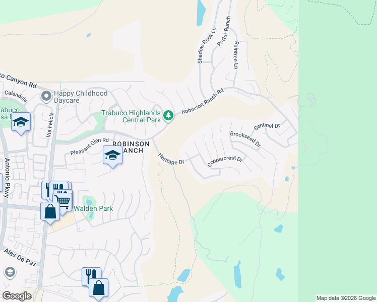 map of restaurants, bars, coffee shops, grocery stores, and more near 21352 Silvertree Lane in Trabuco Canyon