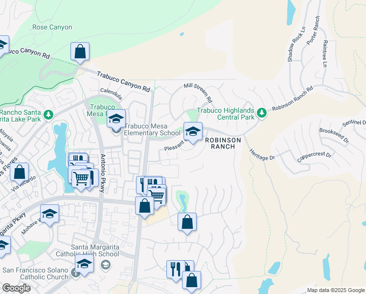 map of restaurants, bars, coffee shops, grocery stores, and more near 31981 Lazy Glen Lane in Trabuco Canyon