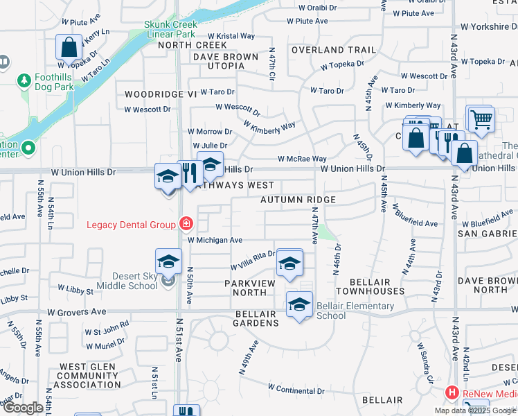 map of restaurants, bars, coffee shops, grocery stores, and more near 4820 W Bluefield Ave in Glendale