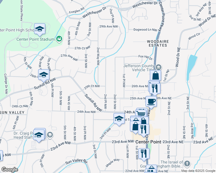 map of restaurants, bars, coffee shops, grocery stores, and more near 2521 2nd Place Northwest in Center Point
