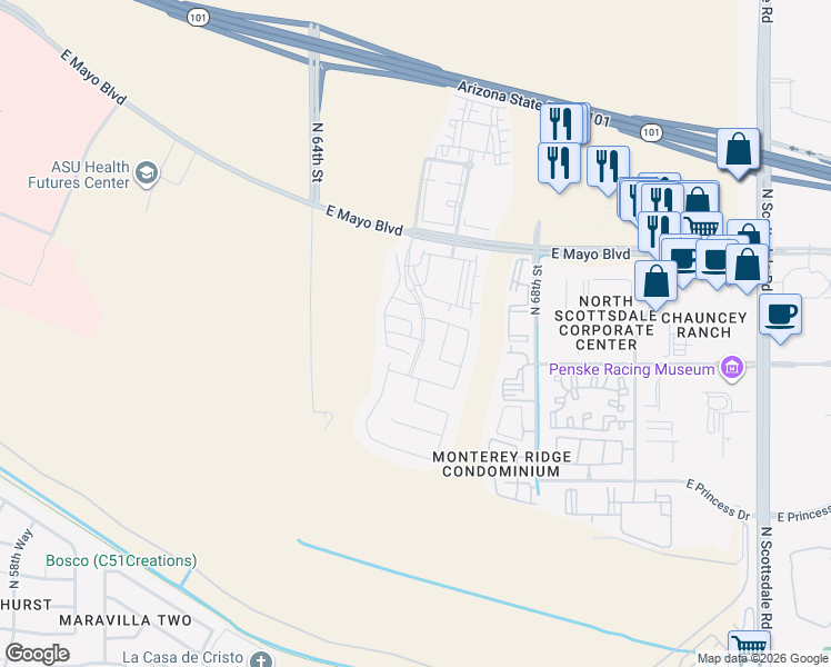 map of restaurants, bars, coffee shops, grocery stores, and more near 18310 65th Way in Phoenix