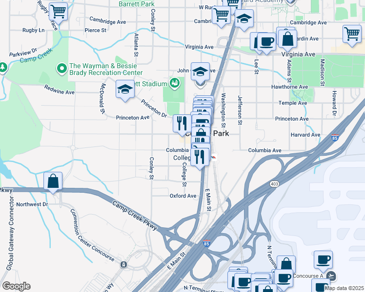 map of restaurants, bars, coffee shops, grocery stores, and more near 3769 College Street in Atlanta