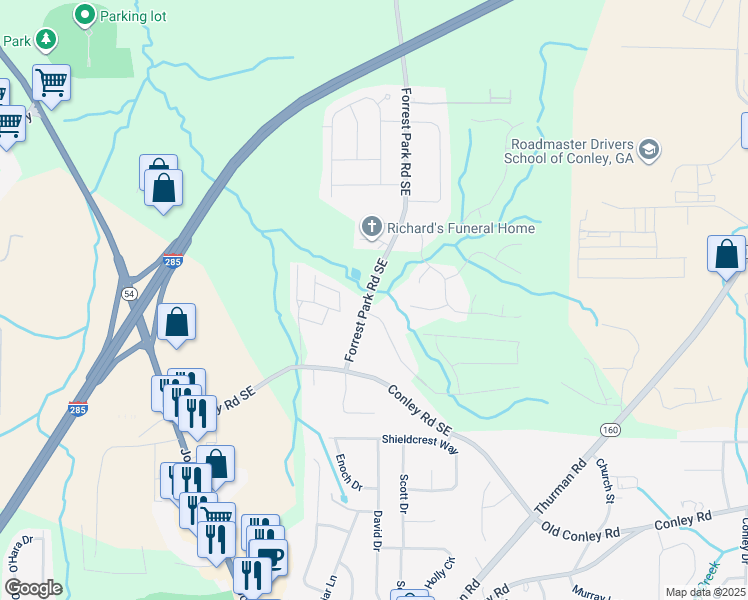 map of restaurants, bars, coffee shops, grocery stores, and more near 3732 Forrest Park Road Southeast in Atlanta