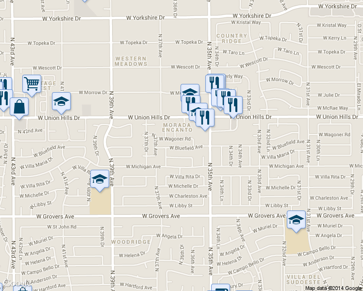 map of restaurants, bars, coffee shops, grocery stores, and more near 3620 W Bluefield Ave in Glendale