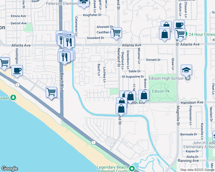 map of restaurants, bars, coffee shops, grocery stores, and more near 8381 Lomond Drive in Huntington Beach