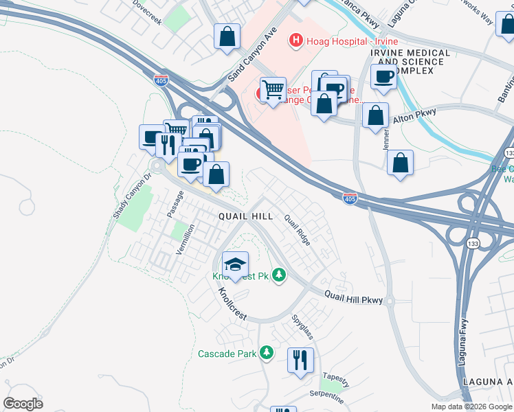 map of restaurants, bars, coffee shops, grocery stores, and more near West Knollcrest in Irvine