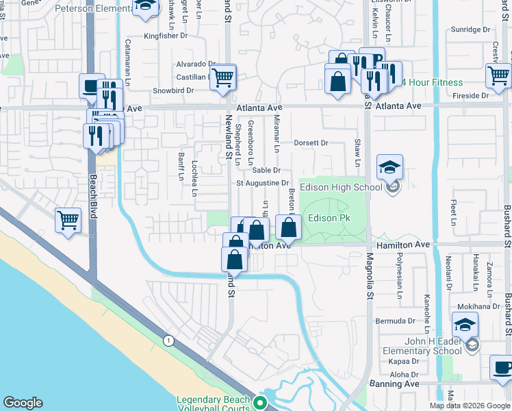 map of restaurants, bars, coffee shops, grocery stores, and more near 21342 Sand Dollar Lane in Huntington Beach