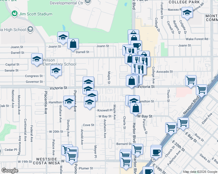 map of restaurants, bars, coffee shops, grocery stores, and more near 575 Avery Lane in Costa Mesa