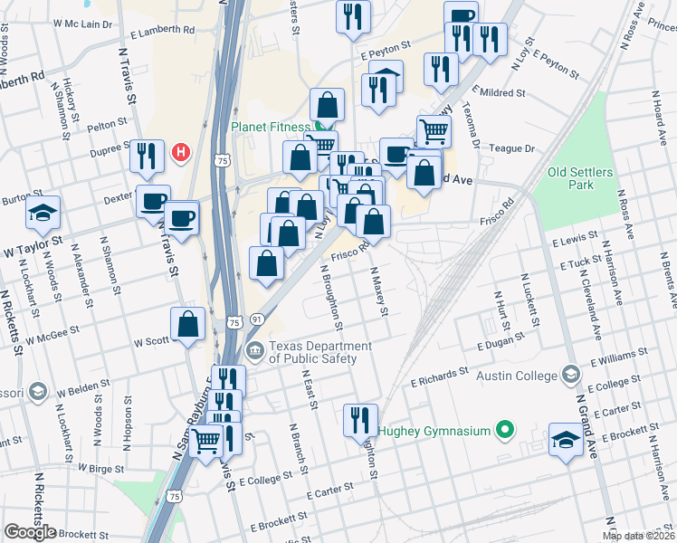 map of restaurants, bars, coffee shops, grocery stores, and more near 620 East McGee Street in Sherman