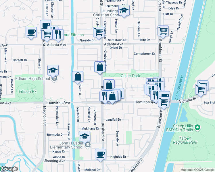map of restaurants, bars, coffee shops, grocery stores, and more near 21332 Pinetree Lane in Huntington Beach