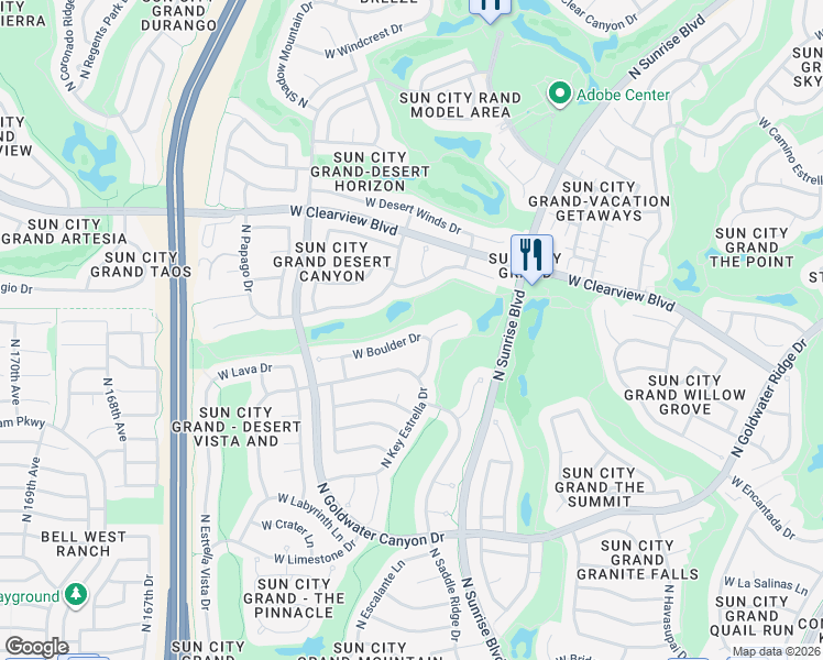 map of restaurants, bars, coffee shops, grocery stores, and more near 16200 West Boulder Drive in Surprise