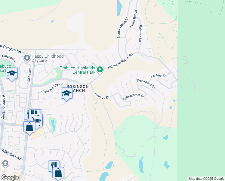 map of restaurants, bars, coffee shops, grocery stores, and more near 21352 Silvertree Lane in Trabuco Canyon