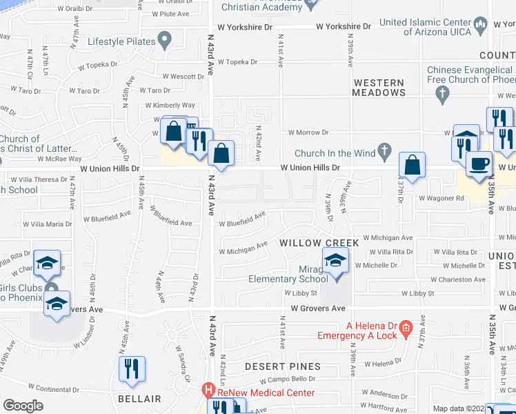 map of restaurants, bars, coffee shops, grocery stores, and more near 18233 North 41st Lane in Glendale