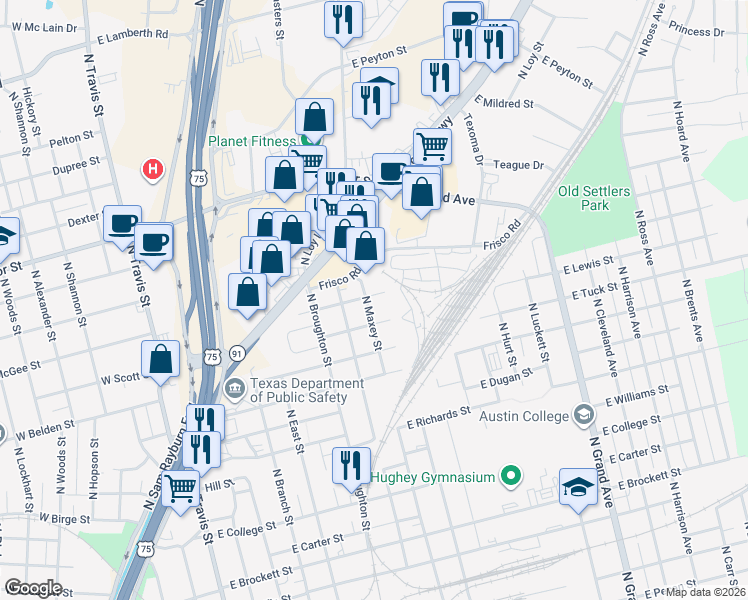map of restaurants, bars, coffee shops, grocery stores, and more near 806 East McGee Street in Sherman