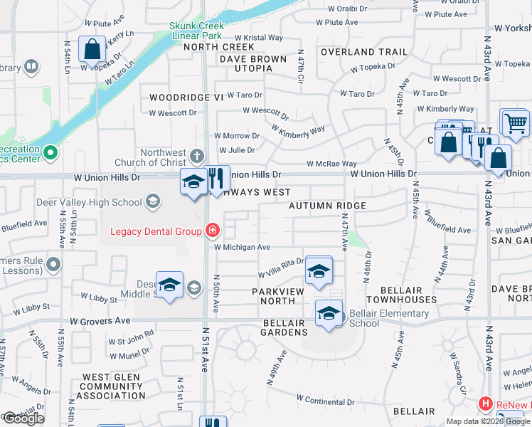 map of restaurants, bars, coffee shops, grocery stores, and more near 4918 West Bluefield Avenue in Glendale