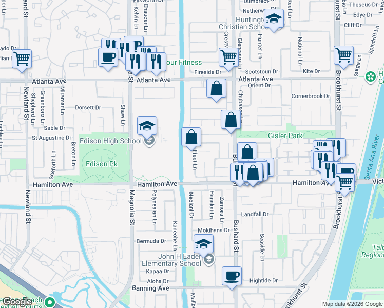 map of restaurants, bars, coffee shops, grocery stores, and more near 21341 Fleet Lane in Huntington Beach