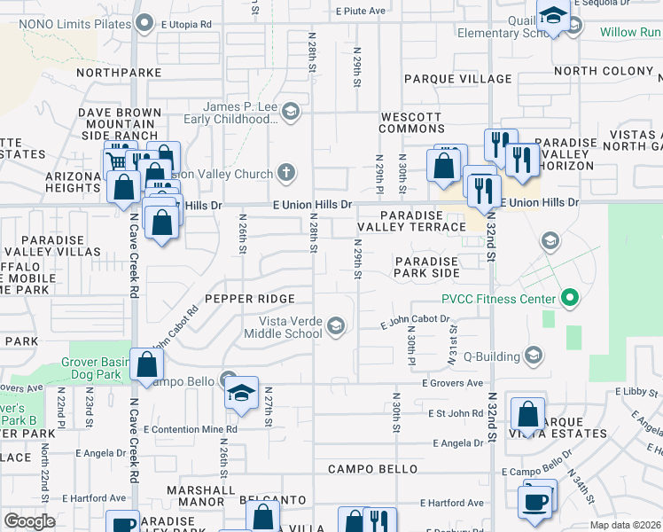 map of restaurants, bars, coffee shops, grocery stores, and more near 18309 North 28th Place in Phoenix