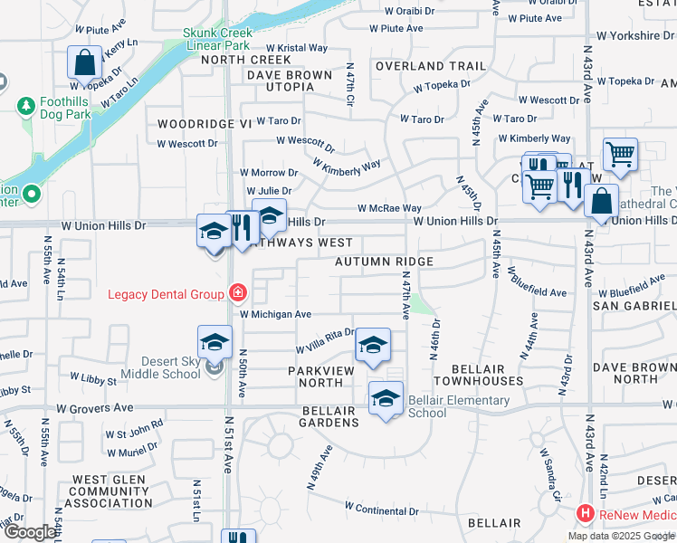 map of restaurants, bars, coffee shops, grocery stores, and more near 4820 West Bluefield Avenue in Glendale