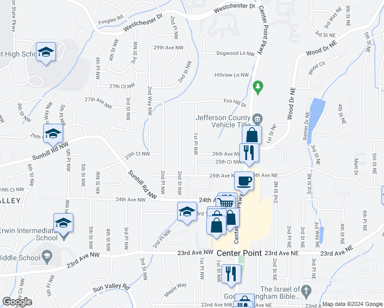 map of restaurants, bars, coffee shops, grocery stores, and more near 2600 1st Place Northwest in Center Point